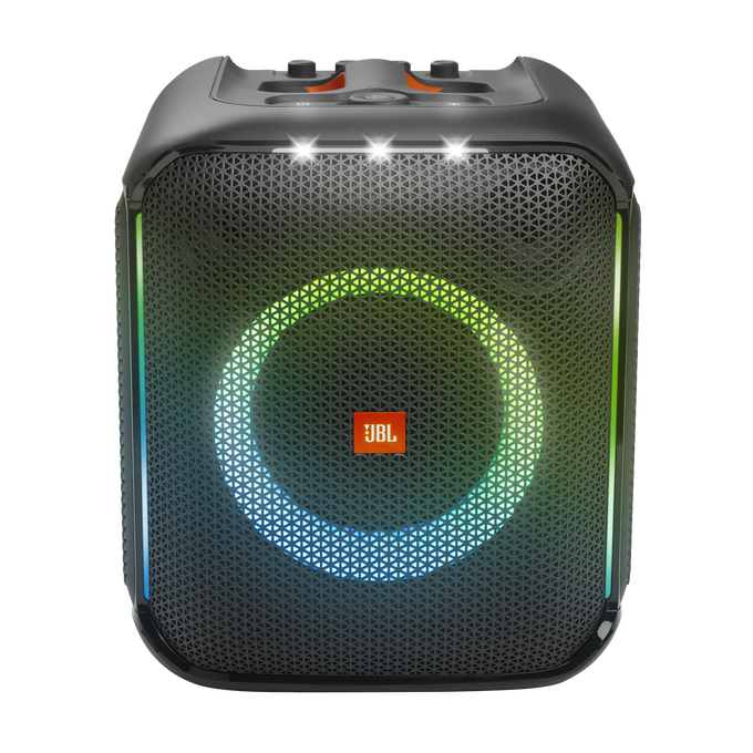 JBL PartyBox Encore - Black - Portable party speaker with 100W powerful sound, built-in dynamic light show, included digital wireless mics, and splash proof design. - Front image number null